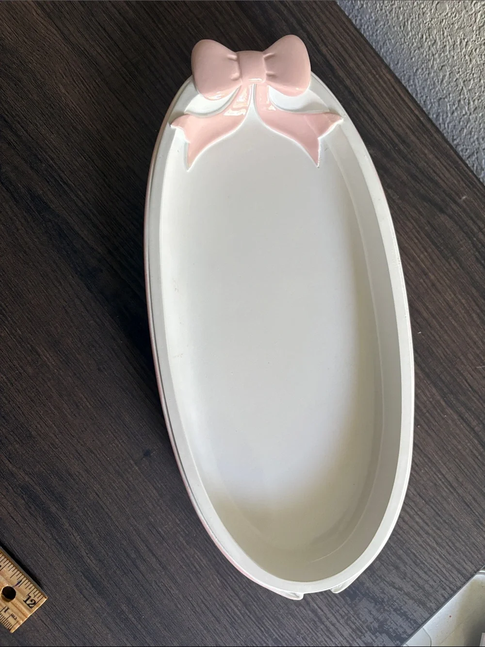 White Oval Ceramic Tray with Light Pink Bow Accent